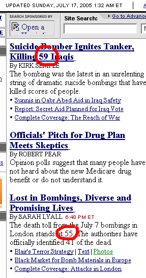 Death tally in London bombings up to 55 persons.  *Routine suicide-bombing in Iraq kills 59!*