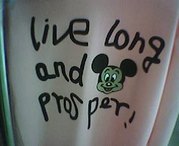It had a picture of Mickey Mouse's head on the front, and said in cartoony lettering: Live Long And Prosper